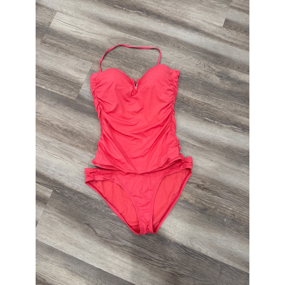 Tommy Bahama Coral Pink Ruched Tankini Set Sweetheart Halter M Top L Bottom